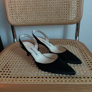 Manolo Blahnik Carolyne Satin Low (Kitten) Heel Slingbacks in Black Size 41